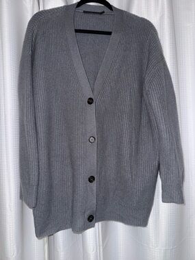 Classic Gray Ribbed Button-Front cashmere Cardigan Sweater Jenni kayne small